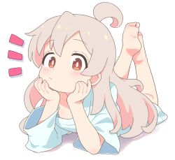 Rule 34 | 1girl, ahoge, bare legs, barefoot, blush, brown eyes, full body, grey hair, hands on own chin, hiro hiroki, long hair, looking at viewer, lying, multicolored hair, on stomach, onii-chan wa oshimai!, oversized clothes, oversized shirt, oyama mahiro, pink hair, shirt, solo, the pose, two-tone hair, white background