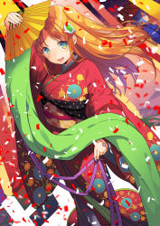 Rule 34 | 2girls, :d, amiami (company), amico, arm up, blue eyes, blue hair, blue kimono, blush, bracelet, checkered sash, confetti, drill hair, dutch angle, floral print, folding fan, green eyes, hair ornament, hand fan, highres, holding, holding fan, japanese clothes, jewelry, kimono, lilco, long hair, long sleeves, looking at viewer, looking away, multiple girls, official art, oil-paper umbrella, open mouth, orange hair, profile, red kimono, smile, solo focus, standing, two side up, umbrella, wide sleeves, yumekui