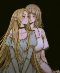 Rule 34 | 2girls, ^ ^, black background, blonde hair, blue dress, blush, breasts, choker, closed eyes, closed mouth, collarbone, dress, dungeon meshi, earrings, elf, facing viewer, falin touden, falin touden (tallman), green eyes, grey hair, hand on another&#039;s shoulder, highres, hosan, jewelry, juliet sleeves, long hair, long sleeves, looking away, looking to the side, marcille donato, medium hair, multiple girls, one eye covered, open mouth, pointy ears, puffy sleeves, short sleeves, simple background, smile, upper body, v arms, white dress