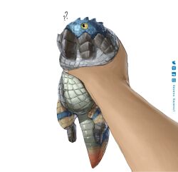 Rule 34 | ?, ??, alternate size, animal, animal focus, artist name, closed mouth, creature, dodogama, highres, holding, holding animal, holding creature, lizard, monster hunter, monster hunter: world, monster hunter (series), out of frame, reptile, scales, tail, white background, xezeno, yellow eyes