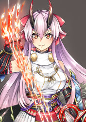 Rule 34 | 1girl, abe buson, armor, arrow (projectile), bare shoulders, bow, breasts, elbow gloves, fate/grand order, fate (series), fire, flaming arrow, gauntlets, gloves, hair bow, highres, horns, japanese armor, kote, kusazuri, large breasts, long hair, looking at viewer, oni horns, purple hair, red bow, red eyes, sidelocks, sleeveless, sleeveless turtleneck, slit pupils, smile, solo, tomoe gozen (fate), turtleneck