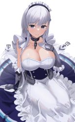 Rule 34 | 1girl, absurdres, apron, arm support, azur lane, belfast (azur lane), blue skirt, braid, breasts, broken, broken chain, chain, cleavage, closed mouth, collar, collarbone, commentary, french braid, frilled apron, frilled gloves, frills, gloves, hair between eyes, hand on own chest, highres, large breasts, long hair, long skirt, looking at viewer, low neckline, maid, maid apron, maid headdress, purple eyes, rk (cc15915r), silver hair, simple background, sitting, skirt, smile, solo, taut clothes, white apron, white background, white gloves