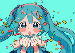 Rule 34 | 1girl, absurdres, aqua eyes, aqua hair, bare shoulders, blue background, blue eyes, blue hair, blue nails, blush, commentary, confetti, detached sleeves, hair between eyes, hair ornament, hatsune miku, highres, long hair, looking at viewer, miku day, necktie, open mouth, shirt, solo, sugarmonaka, twintails, very long hair, vocaloid