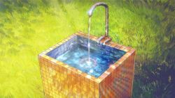 Rule 34 | arsenixc, commentary, day, everlasting summer, faucet, game cg, grass, highres, light particles, no humans, outdoors, reflection, rust, scenery, sunlight, water