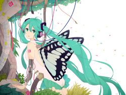 Rule 34 | 1girl, android, artist name, bad id, bad pixiv id, bare shoulders, butterfly wings, cable, copyright name, grass, green eyes, green hair, hatsune miku, headphones, highres, insect wings, kise (swimmt), leotard, long hair, looking back, matching hair/eyes, nail polish, necktie, open mouth, plant, signature, solo, twintails, usb, very long hair, vocaloid, white background, wings