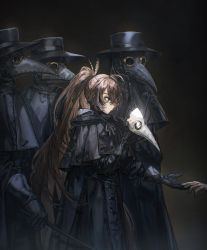 Rule 34 | 1girl, ahoge, alternate costume, black background, black capelet, black gloves, black mask, black robe, brown eyes, brown hair, buttons, cane, capelet, coat, dark background, doctor, feather hair ornament, feathers, gloves, hair ornament, hat, highres, hololive, hololive english, leather, long coat, long hair, looking down, mask, multicolored hair, multiple others, nanashi mumei, overcoat, plague doctor, plague doctor mask, ponytail, quasarcake, reaching, reaching towards viewer, robe, streaked hair, top hat, very long hair, virtual youtuber, white mask