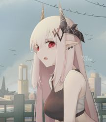 Rule 34 | 1girl, absurdres, arknights, artist name, bare shoulders, bird, breasts, building, commentary, crop top, highres, horns, long hair, looking at viewer, medium breasts, midriff, mudrock (arknights), open mouth, outdoors, pointy ears, red eyes, sarashi, signature, silver hair, solo, sports bra, upper body, yuu azma