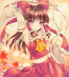 Rule 34 | 1girl, arm up, armpits, ascot, bow, breasts, brown hair, closed mouth, collar, cowboy shot, detached sleeves, frilled bow, frilled collar, frills, gohei, hair bow, hair tubes, hakurei reimu, holding, leaf, long hair, looking at viewer, maple leaf, marker (medium), midriff, navel, nontraditional miko, red bow, red eyes, red skirt, red vest, ribbon trim, skirt, skirt set, small breasts, solo, touhou, traditional media, vest, wassmint, wide sleeves, yellow ascot