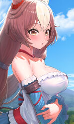 Rule 34 | 1girl, absurdres, animal ears, bare shoulders, blue sleeves, blush, breasts, choker, cleavage, collarbone, commentary request, cross, cross choker, dress, hair between eyes, highres, horse ears, horse girl, large breasts, long hair, looking at viewer, low twintails, multicolored hair, off-shoulder dress, off shoulder, open mouth, red choker, simple background, smile, solo, streaked hair, take978733141, twintails, umamusume, upper body, white background, white hair, yamanin zephyr (umamusume), yellow eyes