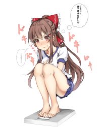 Rule 34 | &gt;:(, ..., 1girl, absurdres, alternate costume, amagi (amagi626), bare legs, barefoot, blue shorts, bow, brown eyes, brown hair, collarbone, commentary request, contemporary, frilled bow, frills, full body, gym shirt, gym shorts, gym uniform, hair between eyes, hair bow, hair ornament, hairclip, hakurei reimu, half updo, hand on own chest, highres, long hair, looking at viewer, puffy short sleeves, puffy sleeves, red bow, shirt, short shorts, short sleeves, shorts, side slit, sidelocks, solo, spoken ellipsis, squatting, sweat, thighs, thought bubble, touhou, translated, v-shaped eyebrows, very long hair, weighing scale, white shirt
