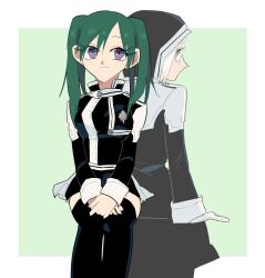 1boy 1girl allen_walker badge black_coat black_order_uniform black_skirt black_thighhighs coat collared_coat d.gray-man earrings gloves green_background green_hair grey_eyes hood hood_up hooded_coat jewelry lenalee_lee long_hair looking_at_another looking_at_viewer looking_back miniskirt own_hands_together purple_eyes sitting skirt smile striped_clothes striped_coat striped_skirt thighhighs thighs twintails white_gloves white_hair white_stripes xmori_6 zettai_ryouiki