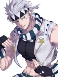 Rule 34 | 1boy, abs, battle tendency, caesar anthonio zeppeli, crop top, cropped vest, facial mark, feather hair ornament, feathers, figghting stance, fingerless gloves, gloves, hair ornament, headband, highres, jojo no kimyou na bouken, male focus, midriff, musou (asatomjj), official alternate costume, scarf, solo, striped clothes, striped scarf, triangle print, vest, white vest