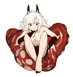 Rule 34 | 1girl, breasts, copyright request, crossed legs, ddari, foreshortening, hand on own chin, highres, horns, long hair, long toenails, looking at viewer, nail polish, nude, parted lips, red eyes, simple background, sitting, small breasts, solo, suction cups, tentacles, toenail polish, toenails, white background, white hair