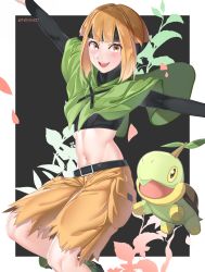 Rule 34 | 1girl, absurdres, arms up, belt buckle, blunt bangs, blush, buckle, capelet, cargo shorts, creatures (company), game freak, gardenia (pokemon), gen 4 pokemon, groin, highres, looking at viewer, midriff, navel, nintendo, open mouth, orange eyes, orange hair, pokemon, pokemon (creature), pokemon dppt, short hair, shorts, smile, tallyho221, torn clothes, torn shorts, tortoise, turtle, turtwig, undershirt