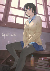 Rule 34 | 1girl, between thighs, black hair, blue eyes, book, bottle, box, cherry blossoms, face, feet, glasses, letter, light smile, lips, looking down, necktie, no shoes, original, pantyhose, paw print, pleated skirt, school uniform, sitting, skirt, solo, stairs, sweater, tan taka, text focus, thighs