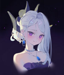 Rule 34 | 1girl, absurdres, bare shoulders, black background, black horns, blue archive, blush, closed mouth, collarbone, commentary request, demon horns, demon wings, dress, earrings, halo, highres, hina (dress) (blue archive), horns, jewelry, looking at viewer, multiple horns, necklace, official alternate costume, portrait, purple dress, purple eyes, simple background, smile, solo, strapless, strapless dress, upper body, wang man, white hair, wings