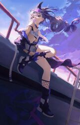 Rule 34 | 1girl, absurdres, black footwear, blue sky, breasts, cloud, cloudy sky, concrete, crop top, expressionless, eyewear on head, floating, floating clothes, floating hair, floating object, graffiti, grey eyes, grey hair, guard rail, highres, honkai: star rail, honkai (series), jacket, jacket partially removed, kun kun, ladder, long hair, looking at viewer, looking to the side, mesh, morning, navel, off shoulder, outdoors, scenery, shoes, silver wolf (honkai: star rail), sitting, sky, small breasts, solo, star (sky), sunglasses, sunlight, tank top, thigh strap, wind