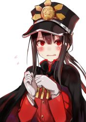 Rule 34 | 1girl, amamitsu kousuke, black hair, blush, cape, crest, family crest, fate/grand order, fate (series), flying sweatdrops, gloves, hat, highres, koha-ace, long hair, looking at viewer, male focus, military, military uniform, oda nobukatsu (fate), oda uri, open mouth, peaked cap, ponytail, red eyes, sidelocks, solo, tears, uniform, upper body, white gloves
