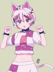Rule 34 | 1girl, :3, animal ears, animated, animated gif, bad link, bell, blush, cat ears, cat tail, coin, collar, goutokuji mike, grey background, jingle bell, looking at viewer, midriff, multicolored hair, navel, open mouth, paw pose, puuakachan, short hair, simple background, solo, tail, touhou, wristband