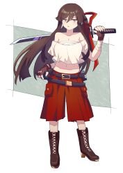 Rule 34 | 1girl, absurdres, bandages, bare shoulders, belt, black belt, black footwear, black hair, borrowed character, brown gloves, closed mouth, commission, cropped shirt, fingerless gloves, full body, gloves, hair between eyes, hair ribbon, highres, holding, holding sword, holding weapon, long hair, looking at viewer, midriff, nakkasu, navel, original, parted lips, red ribbon, red shorts, ribbon, second-party source, shadow, shirt, shorts, skeb commission, solo, standing, sword, tomoe (jaksha110), weapon, white shirt, yellow eyes