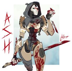 Rule 34 | 1girl, android, apex legends, artist name, ash (titanfall 2), blood, blood on clothes, blood on face, blood on hands, blood on leg, bloody weapon, blue leotard, character name, commentary, english commentary, highres, hood, hood up, hooded leotard, leotard, lila (lilakeylk), looking up, metal skin, reverse grip, solid eyes, solo, weapon