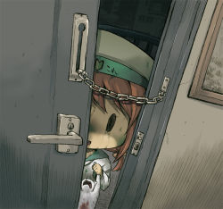 Rule 34 | 10s, 1girl, blood, brown hair, building, cat, chibi, creepy, dark persona, drawing (object), error musume, girl holding a cat (kancolle), hair ornament, hat, holding, horror (theme), indoors, kantai collection, looking at viewer, open door, open mouth, orange hair, rain, school uniform, serafuku, short twintails, shoshinsha mark, solid oval eyes, solo, twintails, yamazaki kana