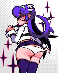 Rule 34 | 1girl, 5419pioli0409, ass, blue hair, blush, condom, condom in mouth, condom wrapper, cowboy shot, filia (skullgirls), from behind, grey background, heart, heart-shaped pupils, highres, long hair, looking at viewer, looking back, mouth hold, necktie, panties, panty pull, pleated skirt, red eyes, samson (skullgirls), school uniform, skirt, skullgirls, solo, sparkle, suggestive, symbol-shaped pupils, thighhighs, underwear, white panties