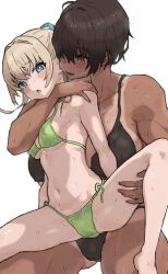Rule 34 | 2girls, bikini, blonde hair, blue eyes, blush, breasts, bright pupils, brown hair, carrying, carrying person, commentary, dark-skinned female, dark skin, gluteal fold, height difference, highres, kei (m k), large breasts, long hair, m k, medium breasts, multiple girls, original, ponytail, red eyes, rika (m k), short hair, side-tie bikini bottom, simple background, size difference, standing, sweat, swimsuit, symbol-only commentary, tall, tall female, tan, tanline, tomboy, toned, white pupils, yuri