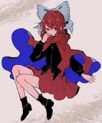 Rule 34 | 1girl, black footwear, black vest, blue bow, blue cloak, boots, bow, cloak, covered mouth, dot nose, eyebrows hidden by hair, full body, hair between eyes, hair bow, hand up, highres, long sleeves, looking at viewer, medium hair, mozukuzu (manukedori), red cloak, red eyes, red hair, red skirt, sekibanki, skirt, solo, touhou, two-sided cloak, two-sided fabric, vest