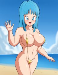 Rule 34 | 1girl, alternate breast size, artist request, bare shoulders, beach, blue eyes, blue hair, blue sky, bouncing breasts, breasts, cameltoe, chikinkun, cleavage, curvy, derivative work, dragon ball, dragonball z, highres, long hair, looking at viewer, maron (dragon ball), maron redraw challenge (meme), meme, meme attire, nipples, one-piece swimsuit, salute, screenshot redraw, seductive smile, shiny skin, sky, slingshot swimsuit, smile, swimsuit, water, wide hips, yellow one-piece swimsuit