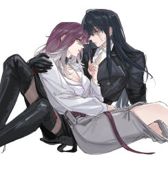 Rule 34 | 2girls, black footwear, black gloves, black hair, black jacket, boots, breasts, cleavage, collared shirt, commentary, deerwhisky, dress shirt, earrings, eye contact, gloves, gradient hair, grey eyes, grey skirt, highres, jacket, jewelry, long hair, long sleeves, looking at another, multicolored hair, multiple girls, necktie, parted lips, path to nowhere, purple eyes, purple hair, rahu (path to nowhere), scar, scar across eye, shalom (path to nowhere), shirt, sidelocks, simple background, sitting, skirt, sweatdrop, thigh boots, white background, white hair, white necktie, white shirt, yuri