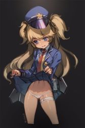 Rule 34 | 1girl, blazer, blonde hair, blue eyes, blush, clothes lift, cropped legs, girls&#039; frontline, hat, jacket, lifted by self, long sleeves, necktie, olys, open clothes, open jacket, panties, parted lips, peaked cap, police, police hat, police uniform, red necktie, rigging, skirt, skirt lift, solo, super-shorty (girls&#039; frontline), sweater, thigh strap, twitter username, two side up, underwear, uniform, wavy mouth, white panties