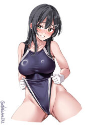 Rule 34 | 1girl, bare shoulders, black hair, black one-piece swimsuit, blush, breasts, cameltoe, clothes pull, collarbone, competition swimsuit, cowboy shot, ebifurya, gloves, grin, groin, groin outline, hair between eyes, hair ornament, hairclip, highleg, highres, kantai collection, large breasts, long hair, looking at viewer, multicolored clothes, multicolored swimsuit, naughty face, one-piece swimsuit, one-piece swimsuit pull, oyashio (kancolle), simple background, smile, solo, swimsuit, twitter username, two-tone swimsuit, wedgie, white background, white gloves, yellow eyes