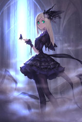 Rule 34 | 10s, 1girl, aqua eyes, ascot, black ascot, black dress, black gloves, black pantyhose, black ribbon, black sailor collar, blonde hair, blurry, blurry background, bug, butterfly, butterfly on hand, choker, church, closed mouth, dark-skinned female, dark skin, dress, dust, fingerless gloves, fog, from side, gloves, gothic lolita, hair ornament, highres, idolmaster, idolmaster cinderella girls, indoors, insect, layered dress, layla (idolmaster), light particles, lolita fashion, long hair, long sleeves, looking at viewer, makeup, mascara, noname (metaldragonfly), outstretched hand, pantyhose, pillar, puffy long sleeves, puffy sleeves, ribbon, sailor collar, silk, solo, spider web, standing, straight hair, window