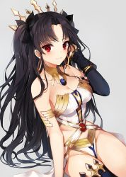 Rule 34 | 1girl, adjusting hair, arm support, armlet, asymmetrical legwear, asymmetrical sleeves, bare arms, bare legs, bare shoulders, black detached sleeves, black hair, black ribbon, black thighhighs, blush, breasts, c:, cleavage, closed mouth, crown, detached sleeves, earrings, emyo, fate/grand order, fate (series), female focus, gem, grey background, hair ribbon, hoop earrings, ishtar (fate), jewelry, large breasts, legs, light smile, long hair, looking at viewer, neck, neck ring, parted bangs, red eyes, revealing clothes, ribbon, simple background, single sleeve, single thighhigh, sitting, smile, solo, strapless, thighhighs, thighlet, tohsaka rin, two side up, type-moon, uneven legwear, uneven sleeves, waist cape