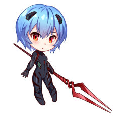 Rule 34 | 1girl, ayanami rei, blue hair, blush, bodysuit, breasts, chibi, covered navel, evangelion: 3.0 you can (not) redo, eyepatch, full body, gloves, highres, holding, holding weapon, lance of longinus (evangelion), long hair, looking at viewer, neon genesis evangelion, plugsuit, polearm, porikeracchou, rebuild of evangelion, red eyes, short hair, small breasts, solo, weapon