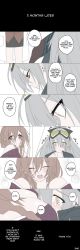 Rule 34 | aek-999 (girls&#039; frontline), ahoge, blush, breast smother, breasts, brown eyes, brown hair, character request, comic, deathalice, english text, face to breasts, female commander (girls&#039; frontline), girls&#039; frontline, gloves, goggles, goggles on head, hair between eyes, highres, hug, jacket, long hair, multiple girls, shirt, silver hair, tears, very long hair, yellow eyes, yuri