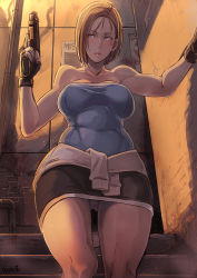 Rule 34 | 1girl, against wall, armpit peek, bare shoulders, blood, blood stain, blue eyes, breasts, brown hair, butcha-u, capcom, cleavage, clothes around waist, collarbone, covered erect nipples, covered navel, fingerless gloves, gloves, gluteal fold, gun, handgun, highres, jill valentine, large breasts, looking to the side, panties, pantyshot, resident evil, resident evil 3, resident evil 3: nemesis, serious, shadow, short hair, skirt, stairs, standing, strapless, thigh gap, toned, tube top, underwear, upskirt, weapon