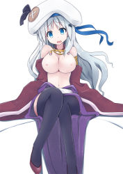 Rule 34 | 1girl, :o, arms behind back, bare shoulders, blue eyes, blue hairband, breasts, cape, commentary request, dot nose, dress, hair ornament, hairband, hat, high heels, jewelry, large breasts, long hair, navel, necklace, nipples, no bra, noumi kudryavka, original, pon (shind 997), pumps, purple dress, red cape, red footwear, silver hair, simple background, sitting, solo, thighhighs, white background, white hat