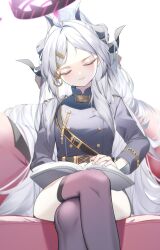Rule 34 | 1girl, aiguillette, belt, black belt, black horns, black thighhighs, blue archive, book, breasts, buttons, closed eyes, closed mouth, crossed legs, demon horns, double-breasted, feet out of frame, grey hair, halo, highres, hina (blue archive), horns, long hair, long sleeves, multiple horns, open book, parted bangs, pero (peroneko0510), small breasts, solo, thighhighs