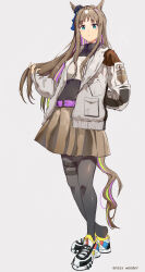 Rule 34 | 1girl, absurdres, alternate hair color, animal ears, arm behind back, belt, black pantyhose, black skirt, blue eyes, bow, brown hair, brown skirt, casual, chinese commentary, closed mouth, commentary request, ear ribbon, full body, grass wonder (umamusume), grey background, grey jacket, hand in own hair, heel up, highres, horse ears, horse girl, horse tail, jacket, jsscj, light frown, long hair, looking at viewer, miniskirt, multicolored hair, pantyhose, pleated skirt, purple belt, shoes, simple background, skirt, sneakers, solo, standing, streaked hair, tail, thigh strap, umamusume, white footwear
