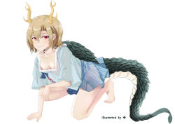 Rule 34 | 1girl, absurdres, antlers, arm support, artist name, barefoot, blonde hair, blouse, blue shirt, blue skirt, breasts, chinese commentary, collarbone, commentary request, downblouse, dragon horns, dragon tail, fingernails, hair between eyes, hand on own knee, highres, horns, kicchou yachie, looking at viewer, mixed-language commentary, no bra, on one knee, pleated skirt, red eyes, shirt, short hair, simple background, skirt, small breasts, smile, solo, tadie (innovation1998), tail, touhou, turtle shell, white background