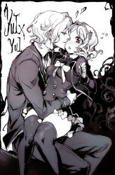 Rule 34 | 10s, 1boy, 1girl, arm around waist, black thighhighs, blush, bow, bowtie, character name, diabolik lovers, dual persona, gender request, genderswap, hand on another&#039;s chest, heart, hetero, hug, knees together feet apart, komori yui, monochrome, nozoki davis, one eye closed, open mouth, pink eyes, profile, school uniform, selfcest, sharp nails, simple background, sitting, sitting on lap, sitting on person, skirt, smirk, spot color, tareme, thick thighs, thighhighs, thighs, uniform, wide hips, zettai ryouiki