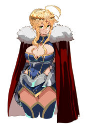 Rule 34 | 1girl, absurdres, ahoge, armor, artoria pendragon (fate), artoria pendragon (lancer) (fate), bird, blonde hair, blush, breasts, cape, cleavage, cleavage cutout, clothing cutout, covered navel, crow, fate/grand order, fate (series), fur-trimmed cape, fur trim, gauntlets, green eyes, hair between eyes, hey taisyou, highres, large breasts, leotard, red cape, revealing clothes, simple background, solo, thighhighs, white background, zettai ryouiki