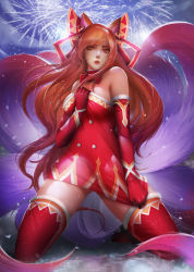 Rule 34 | 1girl, ahri (league of legends), animal ears, bare shoulders, boots, bow, breasts, choker, cleavage, dress, dress tug, ear piercing, elbow gloves, facial mark, fox ears, fox girl, fox tail, fur-trimmed legwear, fur trim, gloves, gluteal fold, hair bow, highres, kneeling, large breasts, league of legends, lips, long hair, looking at viewer, multiple tails, open mouth, orange eyes, orange hair, piercing, red bow, red choker, red dress, red gloves, red lips, red neckwear, red thighhighs, santa costume, short dress, solo, strapless, strapless dress, swept bangs, tail, thigh boots, thighhighs, tube dress, turewindwalker, very long hair, whisker markings, zettai ryouiki