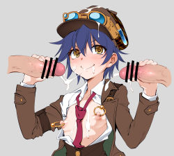 Rule 34 | 1girl, 2boys, bar censor, belt, belt buckle, between breasts, blue hair, blush, breasts, brown coat, brown eyes, buckle, cabbie hat, censored, closed mouth, coat, collared shirt, cum, cum in mouth, cum on body, cum on clothes, cum on headwear, cum string, detective girl steam city, disembodied penis, double handjob, ejaculation, eyebrows, facial, facing viewer, fingernails, funnyari, goggles, goggles on headwear, grey background, handjob, hands up, hat, hetero, jacket, long sleeves, looking at viewer, multiple boys, necktie, necktie between breasts, nipple piercing, nipple rings, nipples, open clothes, open shirt, penis, piercing, red neckwear, shirt, short hair, simple background, small breasts, smile, solo focus, sophie (detective girl steam city), sophie winters, sweat, upper body, veins, veiny penis, vial