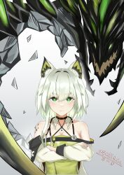 Rule 34 | 1girl, absurdres, animal ear fluff, animal ears, arknights, artist name, bare shoulders, breasts, bright pupils, cat ears, cat girl, cleavage, closed mouth, collarbone, commentary request, commission, crossed arms, debris, dress, expressionless, fingernails, gradient background, green eyes, grey background, grey hair, grey sleeves, hair between eyes, hair intakes, halter dress, halterneck, highres, kal&#039;tsit (arknights), koki (si61309), light blush, long sleeves, looking at viewer, material growth, medium breasts, mon3tr (arknights), oripathy lesion (arknights), short hair with long locks, skeb commission, solo, split mouth, stethoscope, white background, yellow dress