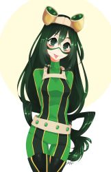 Rule 34 | 10s, 1girl, arms behind back, artist name, asui tsuyu, belt, black thighhighs, blush, bodysuit, boku no hero academia, boots, commentary, cowboy shot, frog girl, goggles, goggles on head, green bodysuit, green eyes, green hair, hair between eyes, hair rings, highres, long hair, looking at viewer, low-tied long hair, monochromaticx, sidelocks, signature, solo, tagme, thigh boots, thighhighs, thighs, tongue, tongue out, very long hair