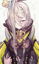 Rule 34 | 1girl, asymmetrical legwear, blue eyes, blush, breasts, fate/grand order, fate (series), floral background, gauntlets, grey hair, hair ornament, hair over one eye, hairpin, high collar, huyan zhuo (fate), huyan zhuo (second ascension) (fate), kamui natsuki, large breasts, long hair, twitter username