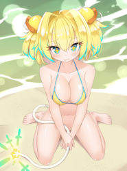 Rule 34 | + +, 1girl, bikini, bikini top only, blonde hair, blue eyes, blue hair, blush, bombergirl, bottomless, breasts, cleavage, explosive, grenade, grenade hair ornament, hair bobbles, hair ornament, large breasts, lit fuse, looking at viewer, multicolored hair, pine (bombergirl), sand, short hair, sitting, solo, swimsuit, symbol-shaped pupils, twin-7646, twintails, two-tone hair, wariza, water, yellow bikini, yellow pupils